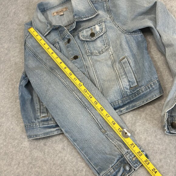 DECREE Juniors L Cropped Denim Jacket Y2K Style Light Wash Factory Distressed - Picture 4 of 11